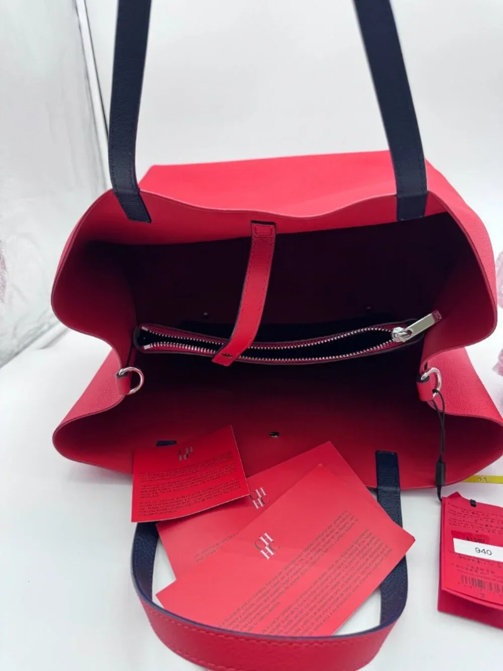 CH Carolina Herrera Large Red Leather Tote Bag with Removable Zip Pouch